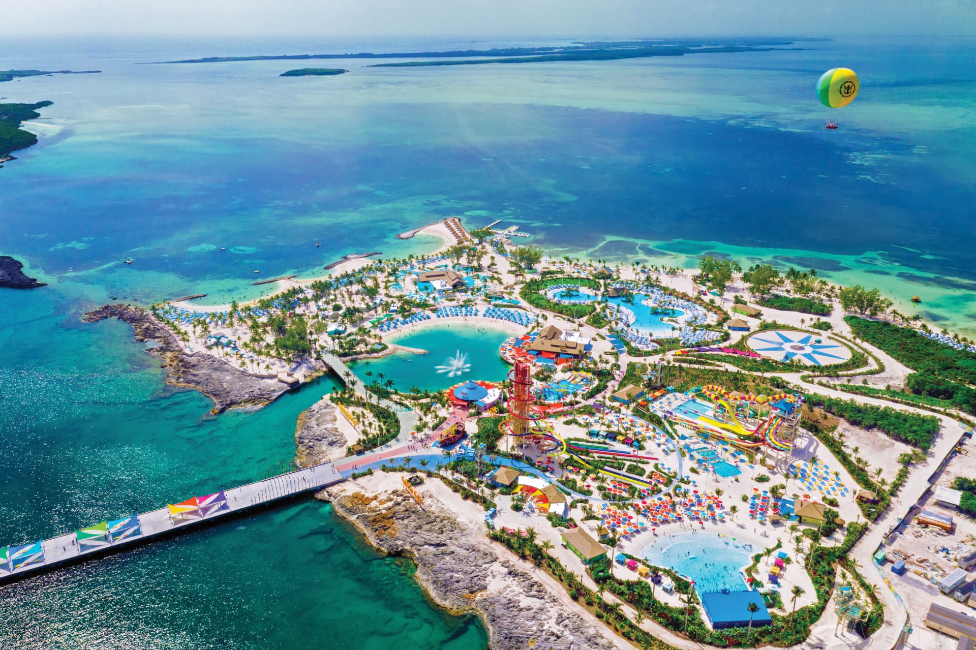 Aerial view of Perfect Day at CocoCay with turquoise water and island attractions