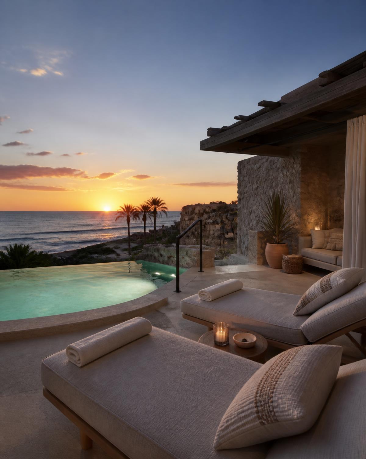 Private plunge pool and linen loungers on a luxury all-inclusive suite terrace overlooking the ocean at dusk