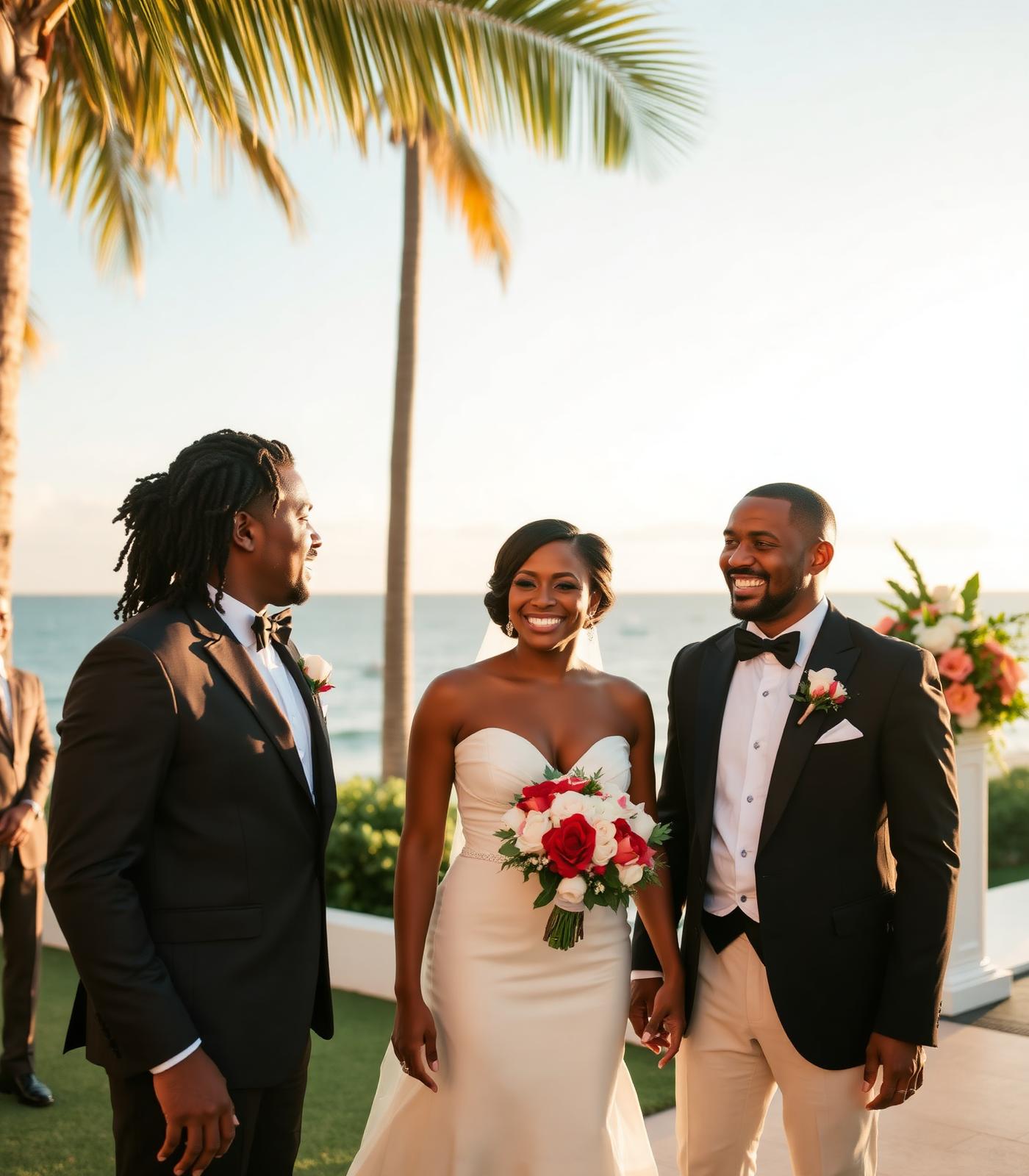 A stylish couple celebrating at an oceanfront destination wedding