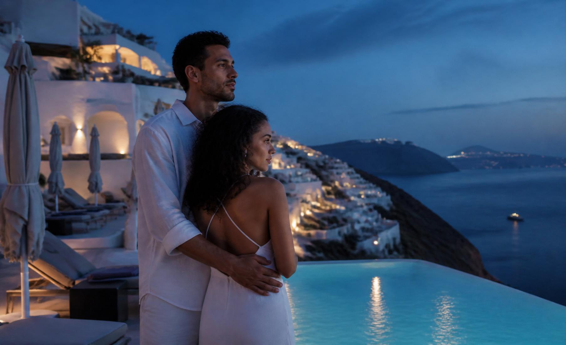 A couple stand at the edge of an infinity pool overlooking Santorini at blue hour