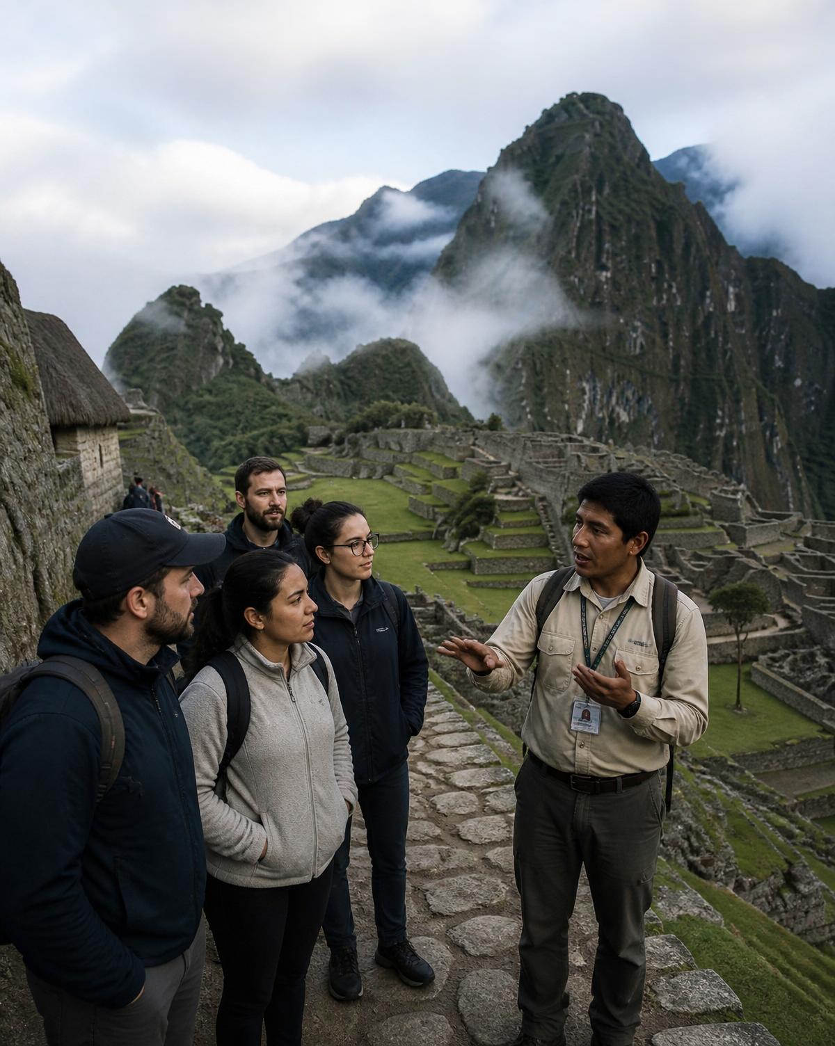 A small group of travelers led by a local guide at Machu Picchu at sunrise
