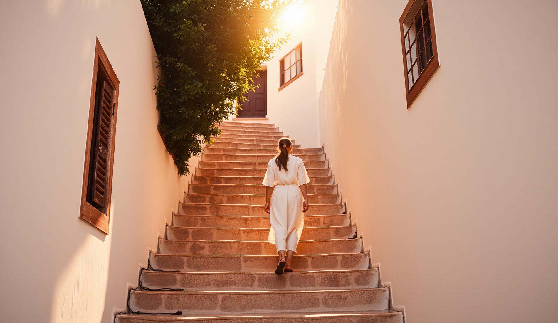 A traveler walking a sunlit stone staircase at golden hour