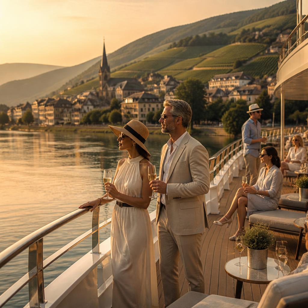 Elegant travelers on the sun deck of a luxury river cruise ship gliding past a European vineyard town at golden hour