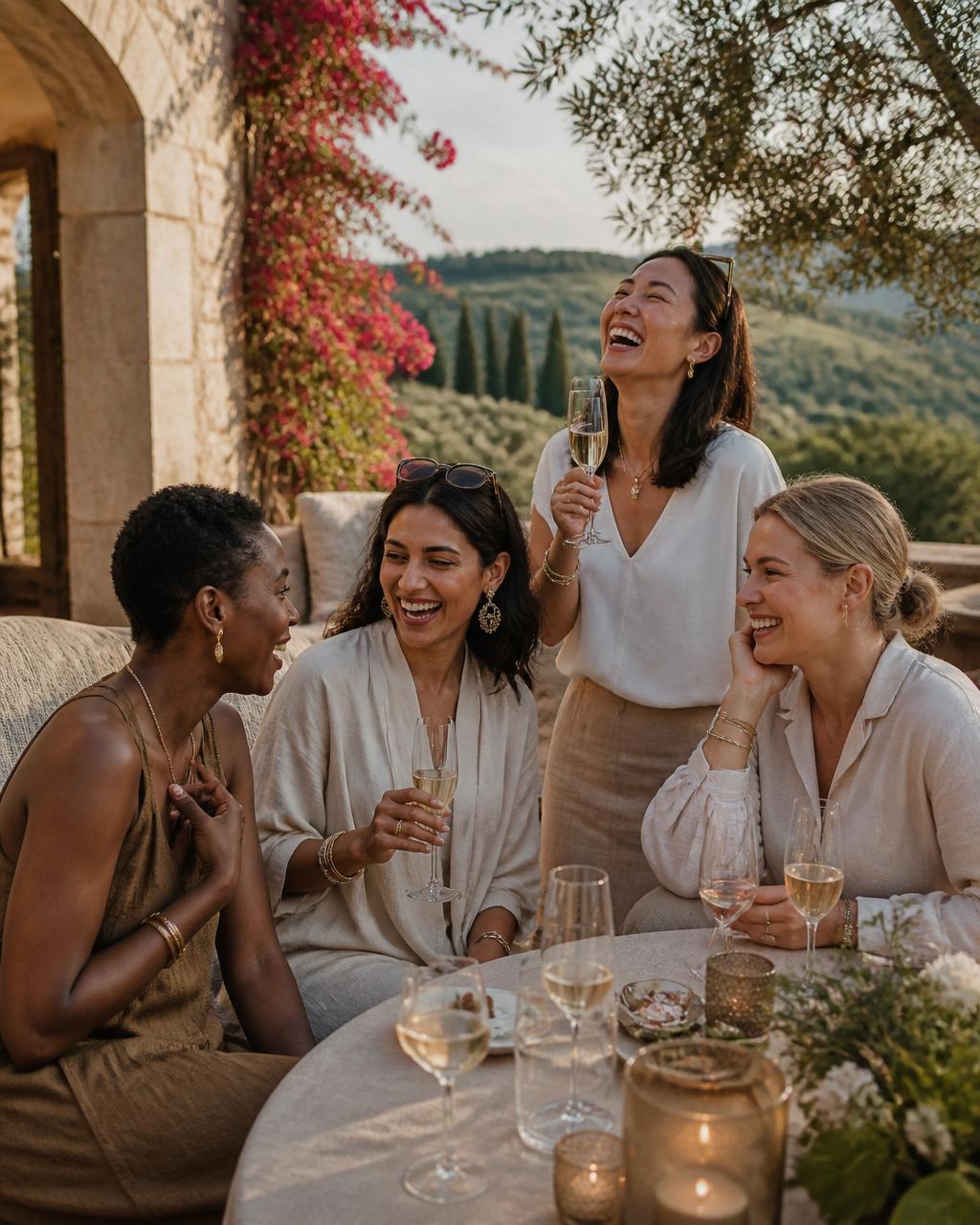 Four diverse women friends laughing candidly over champagne on the stone terrace of a Mediterranean villa at golden hour