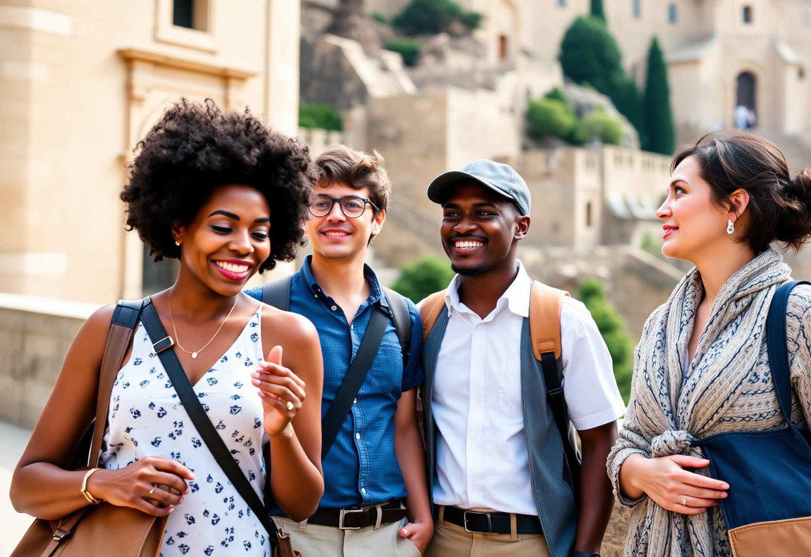A small diverse group of travelers exploring a historic destination together