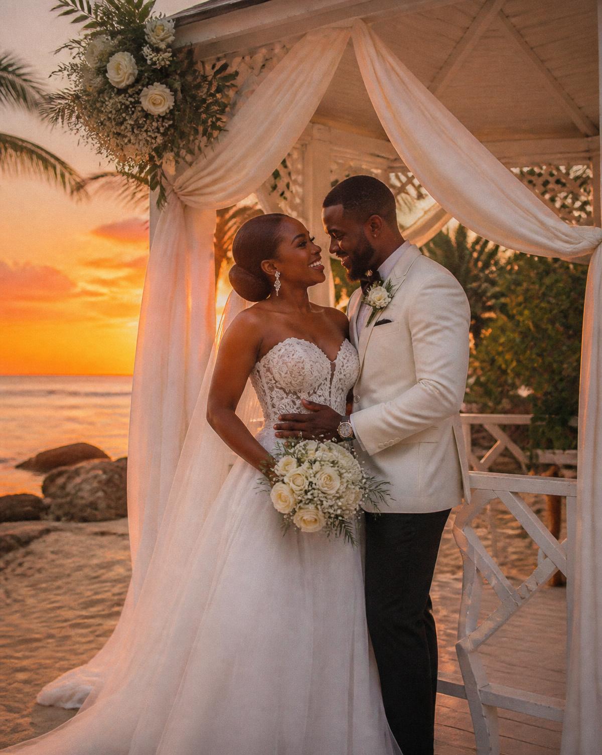 A Black couple embracing under an elegant oceanfront gazebo in Jamaica at sunset