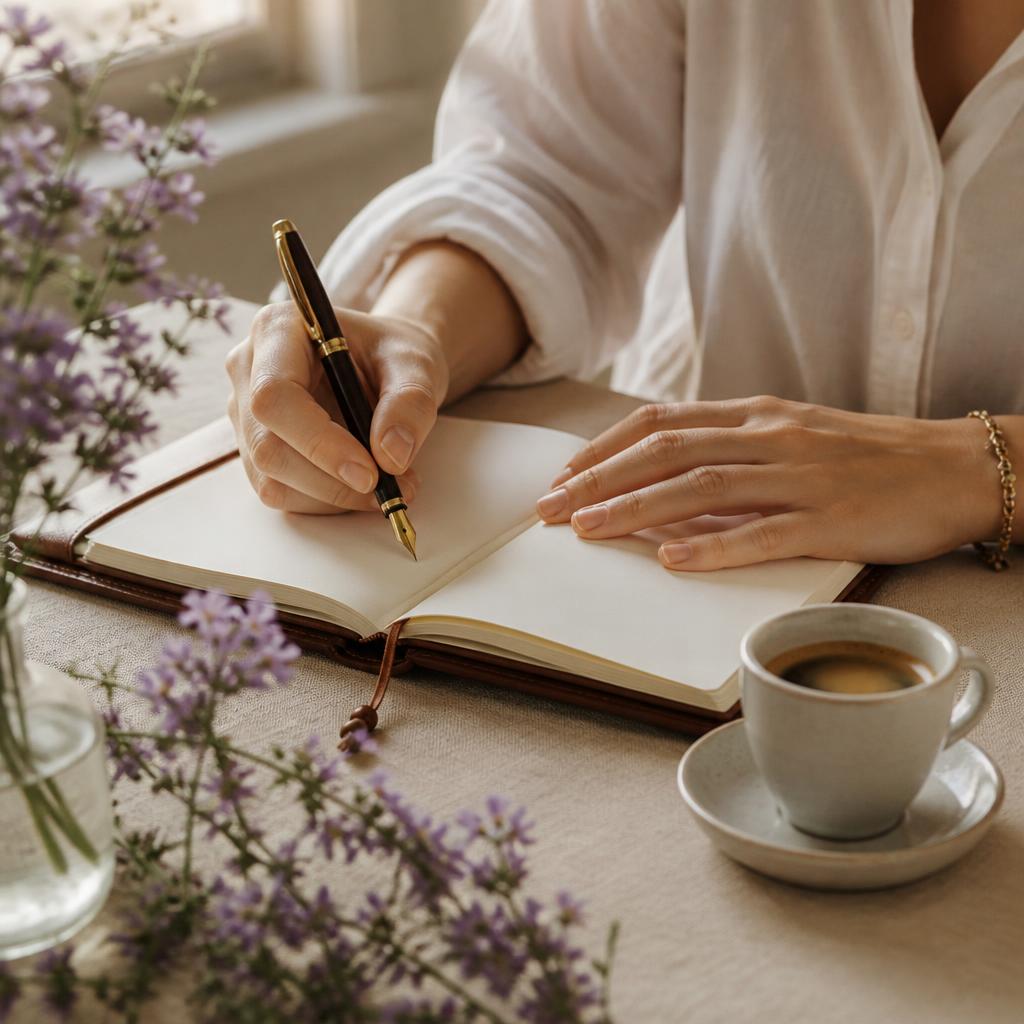 A woman's hands writing in a leather journal beside an espresso cup in soft morning light