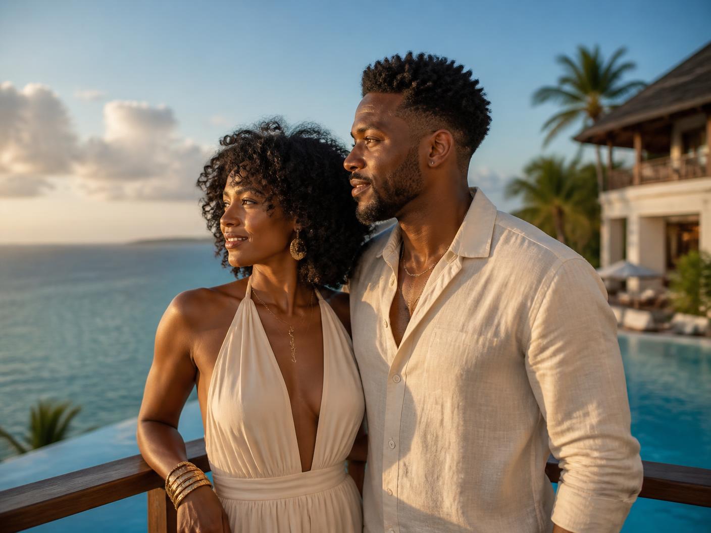 Couple on the terrace of an upscale all-inclusive Caribbean resort overlooking an infinity pool at golden hour