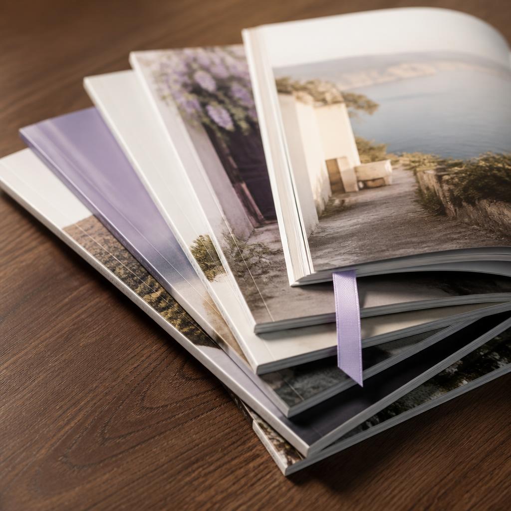 A fanned stack of unbranded travel magazines on a warm walnut surface with a slim lilac silk ribbon marker