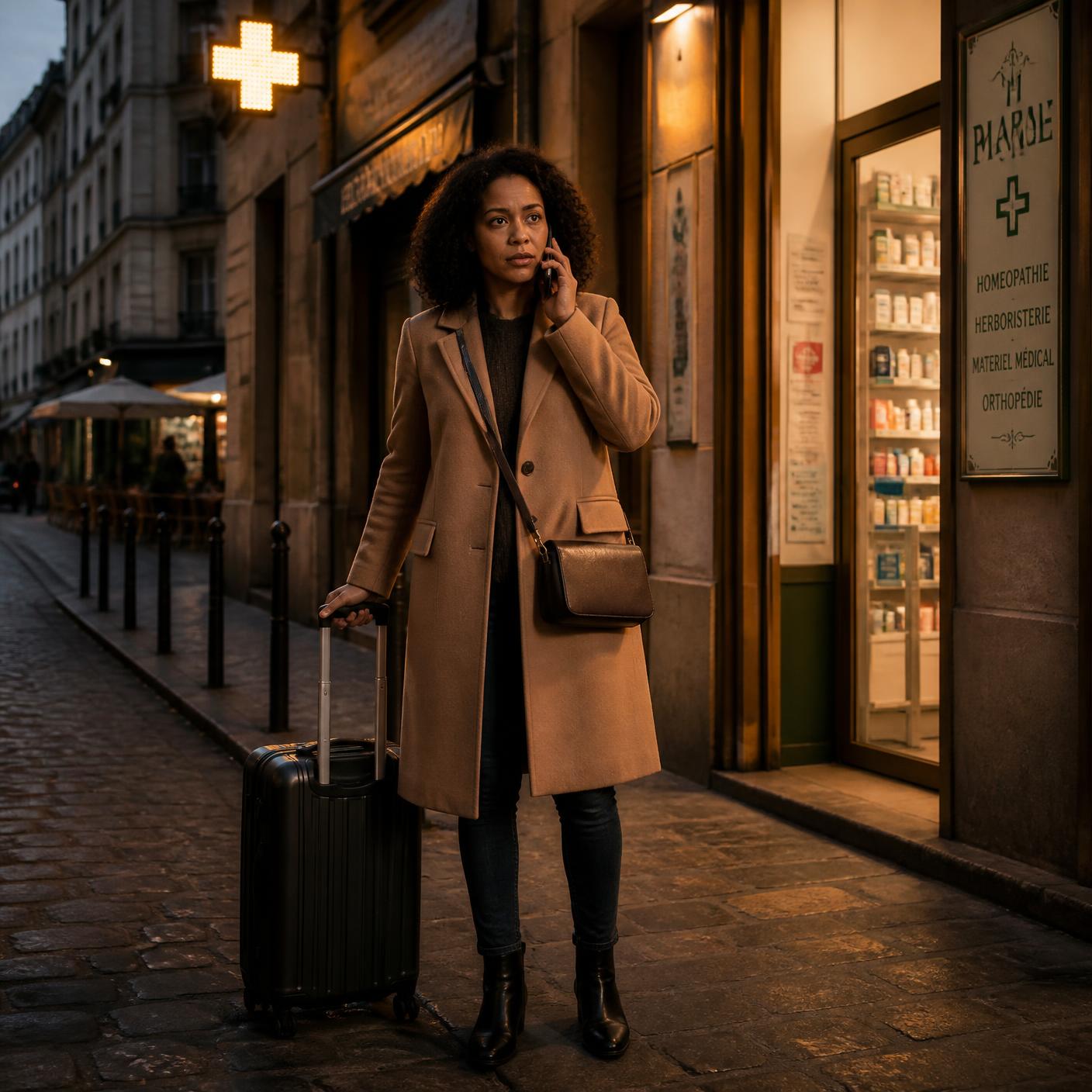 A traveler on a phone call outside a warmly lit café in a European city at dusk