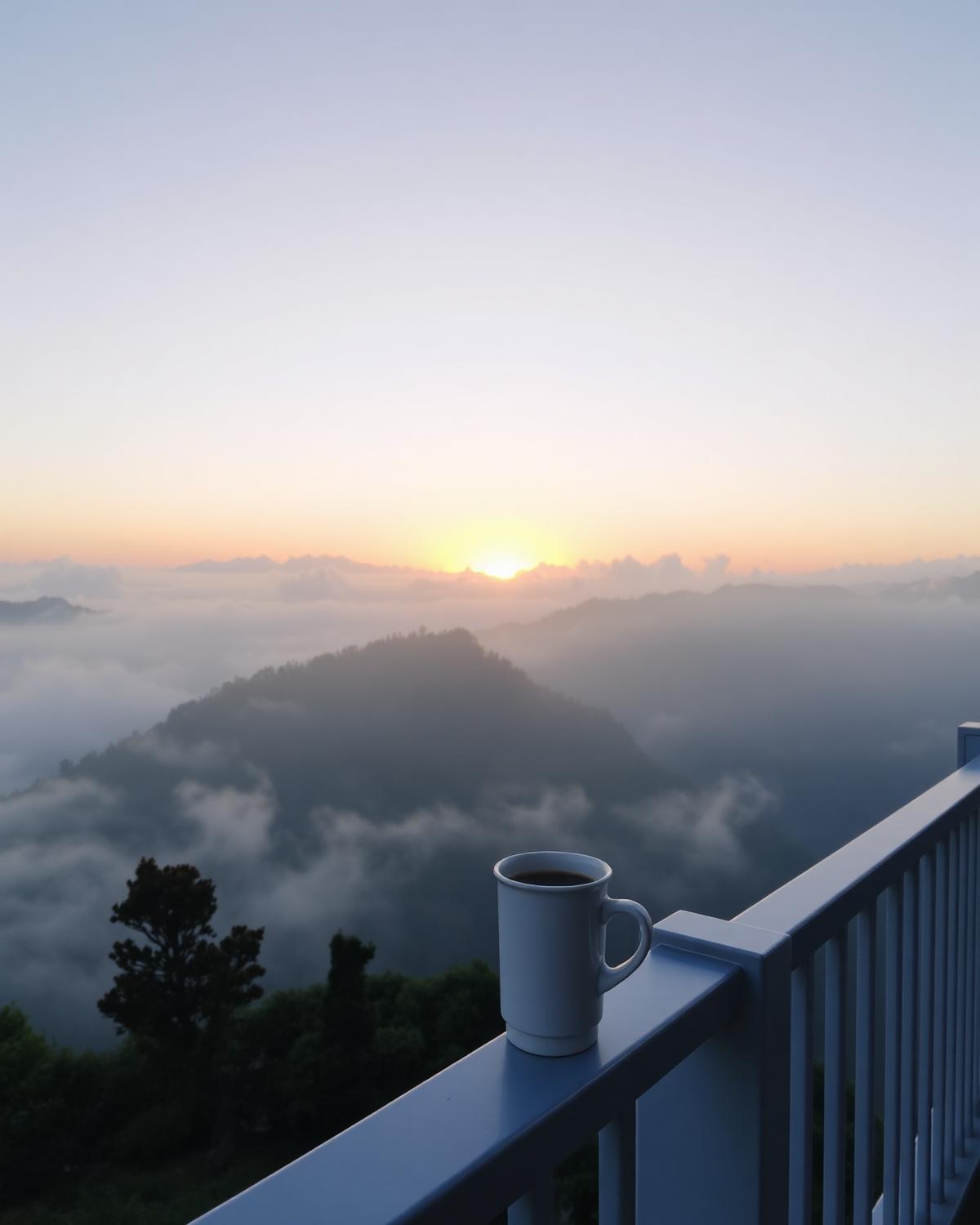 Mist settling over mountain ridges at sunrise