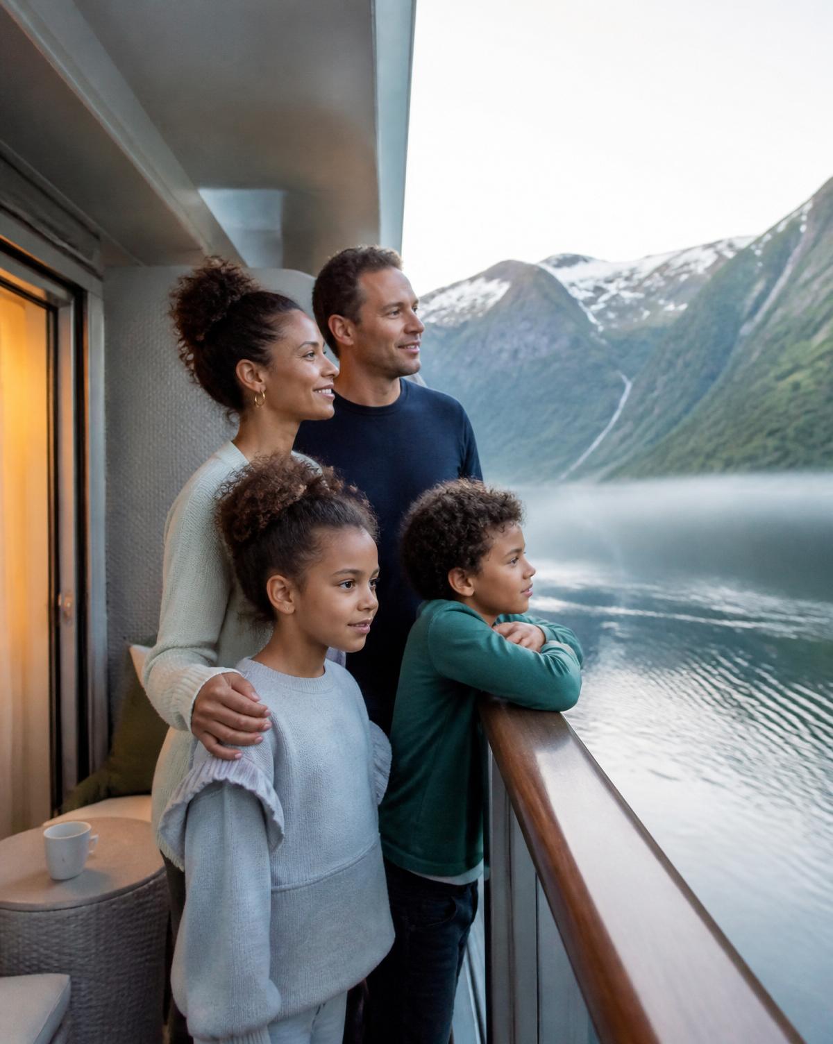 A mixed-race family watching a Norwegian fjord glide past from a private cruise balcony
