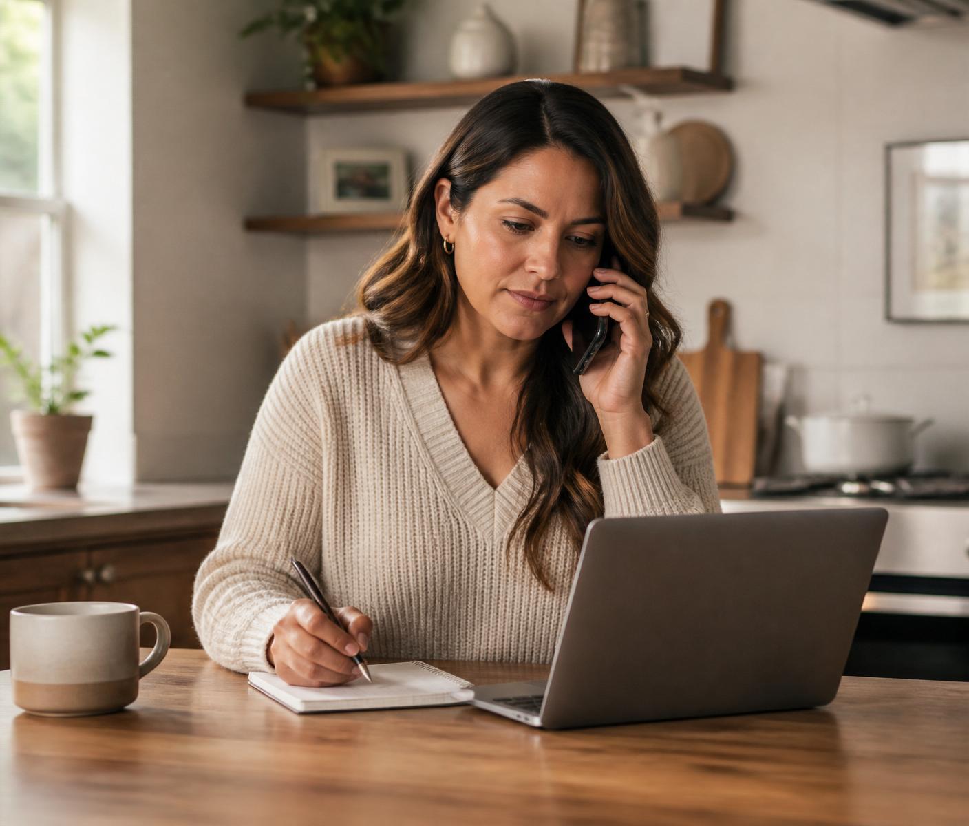 A traveler on the phone at her kitchen island taking notes while requesting a travel protection quote