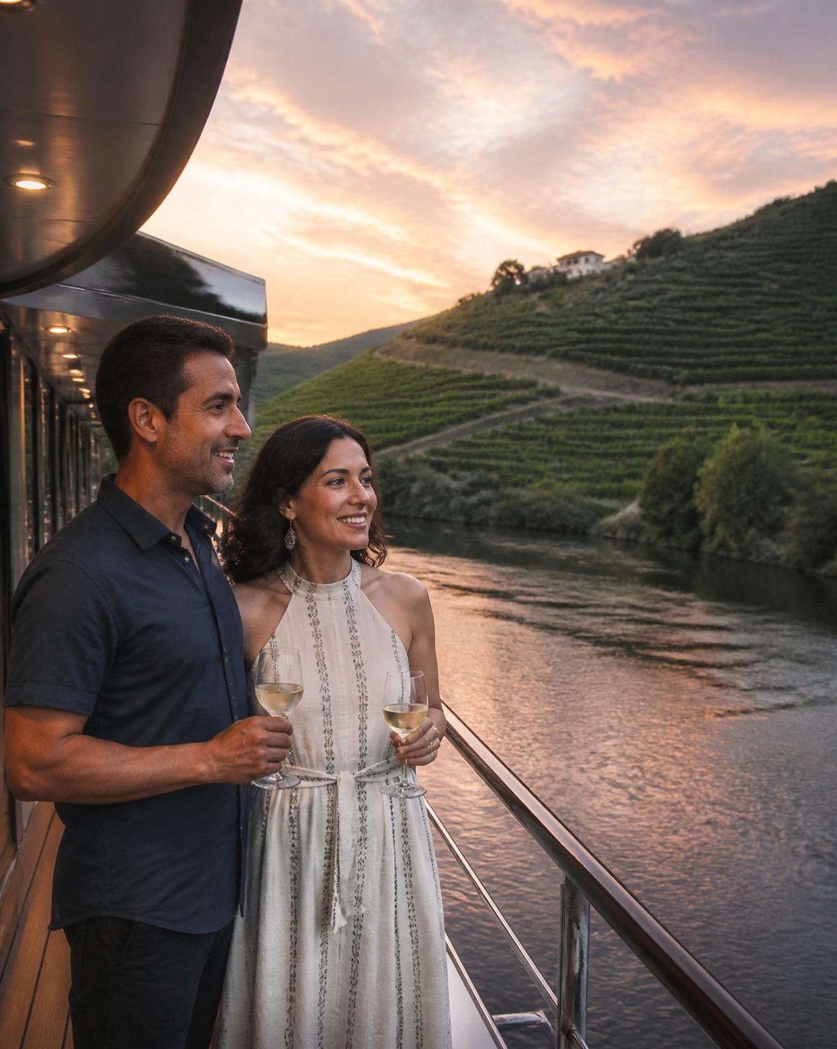 A couple on the outdoor deck of a luxury river ship in the Douro Valley at dusk