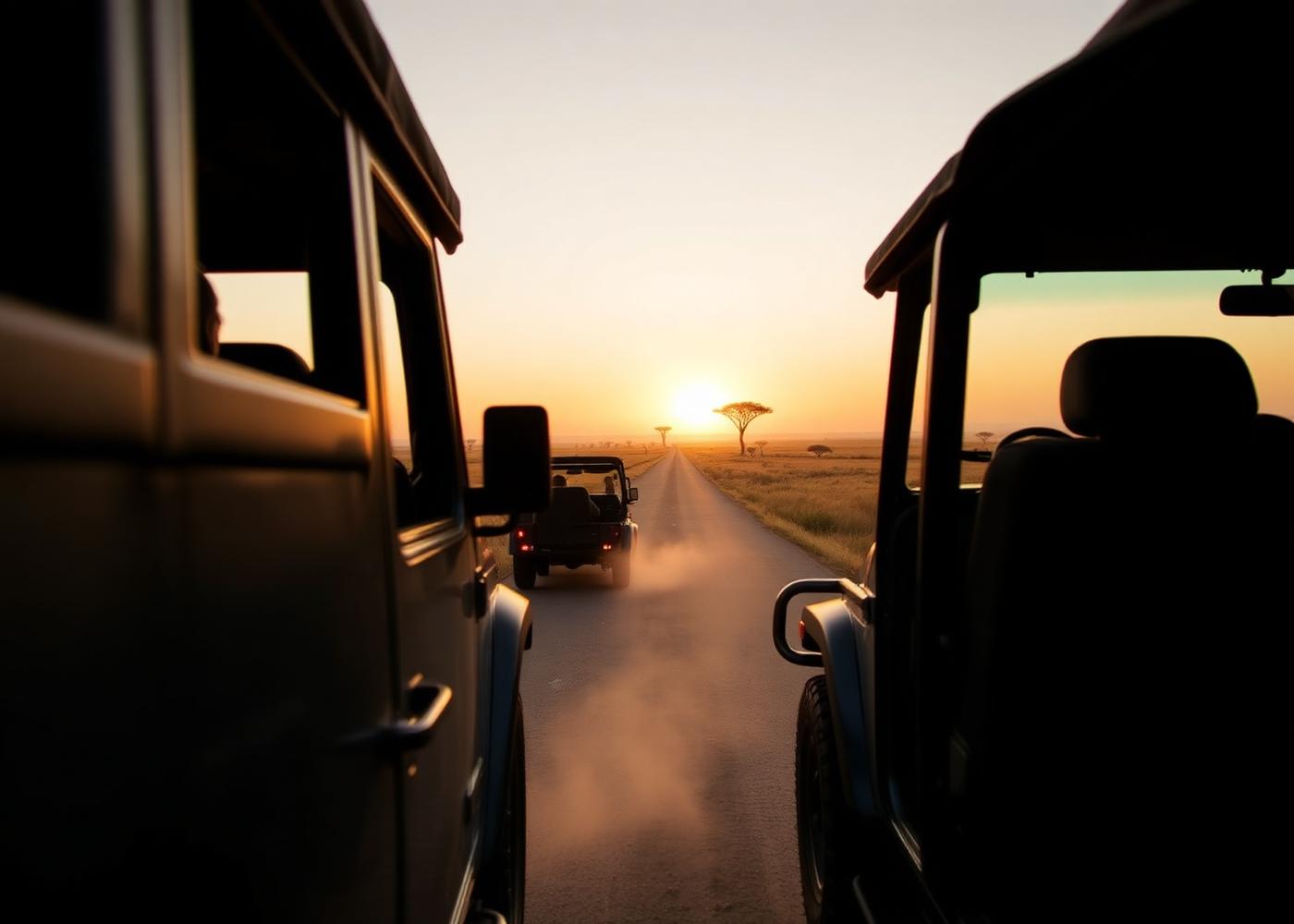 An open road at sunrise seen from a touring vehicle