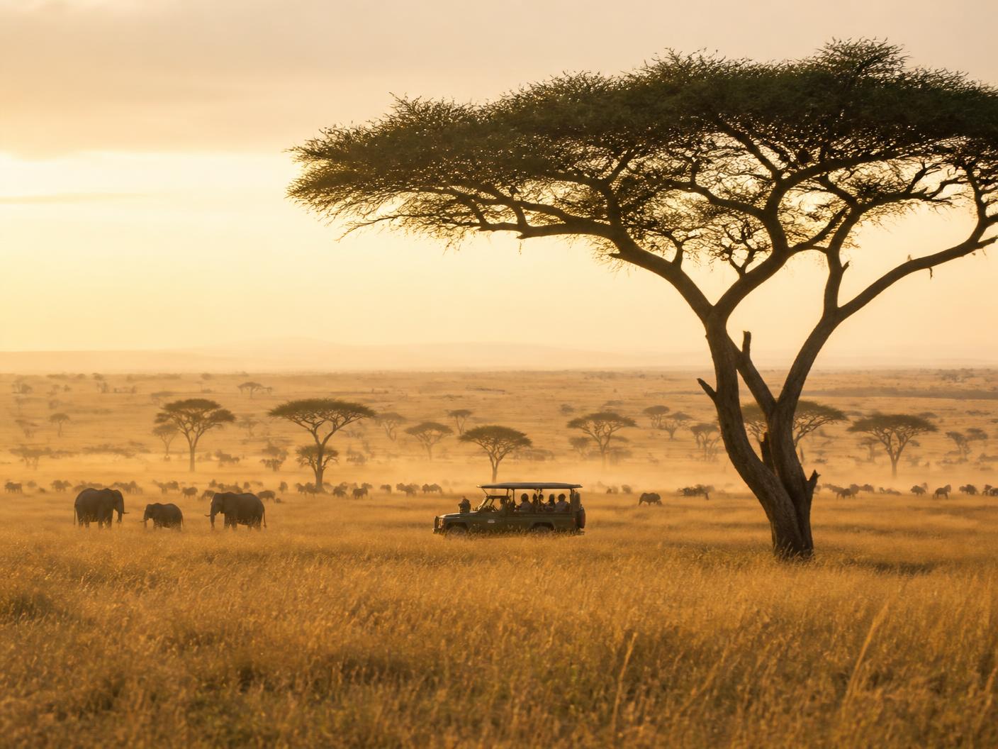 Elephants and a safari vehicle beneath an acacia tree on the golden plains of the Maasai Mara in Kenya at sunrise