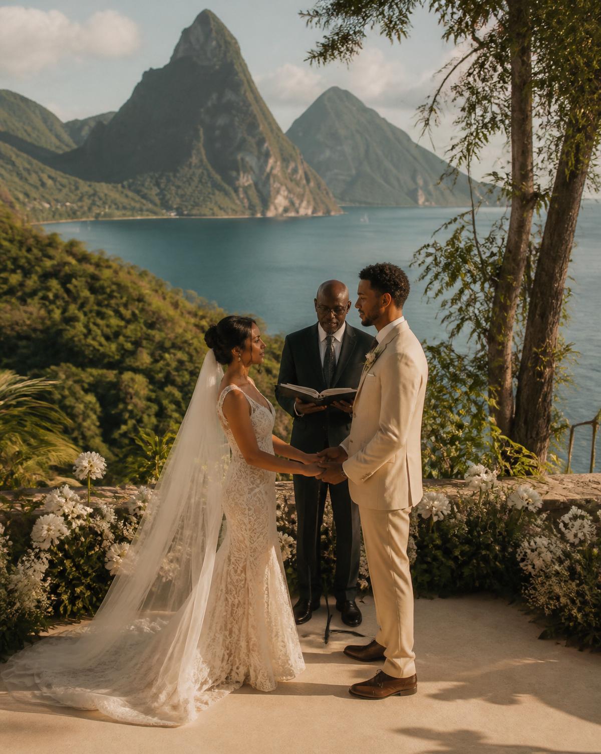 A mixed-race couple exchanging vows on an open-air terrace overlooking the Pitons in Saint Lucia