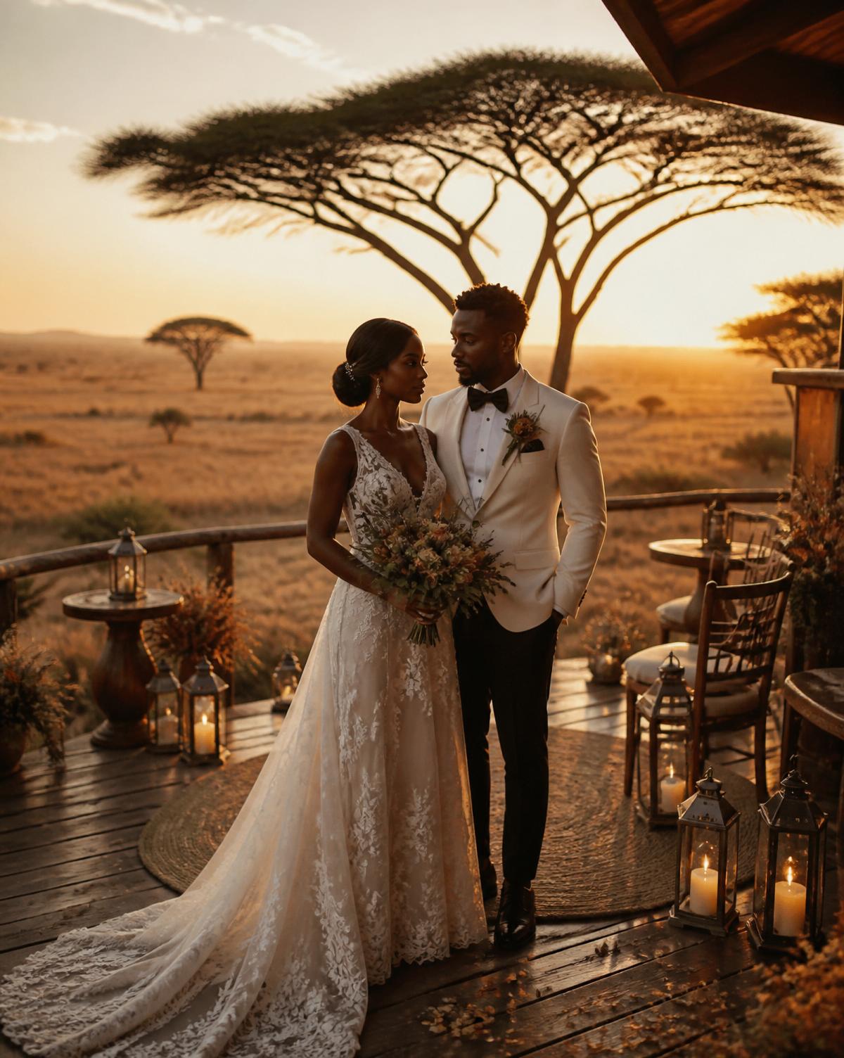 A Black bride and groom on a safari lodge deck at golden hour overlooking the African savanna in South Africa