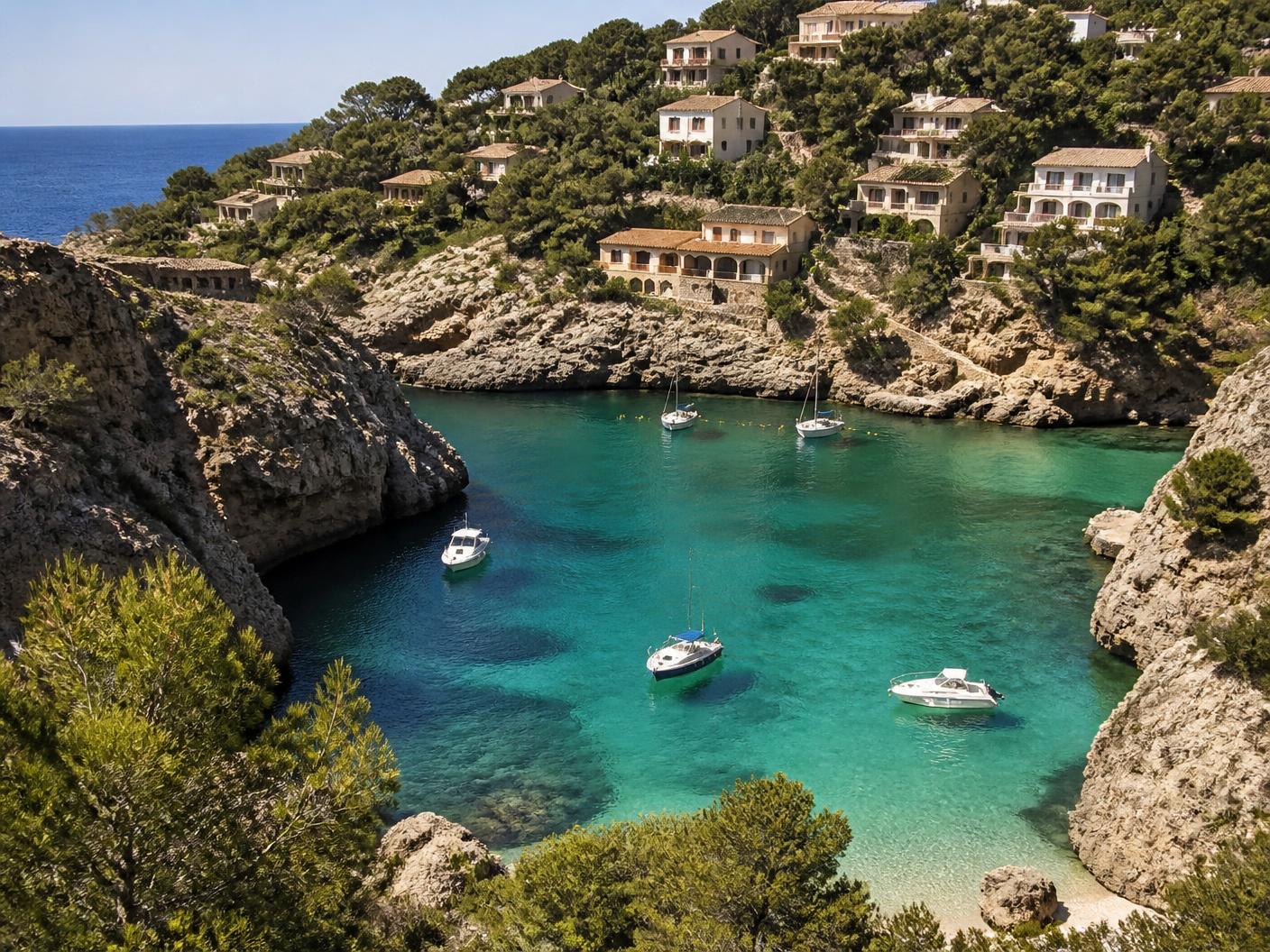 A sheltered cove on the Mallorca coastline in Spain with emerald water, pine-covered cliffs, and hillside villas