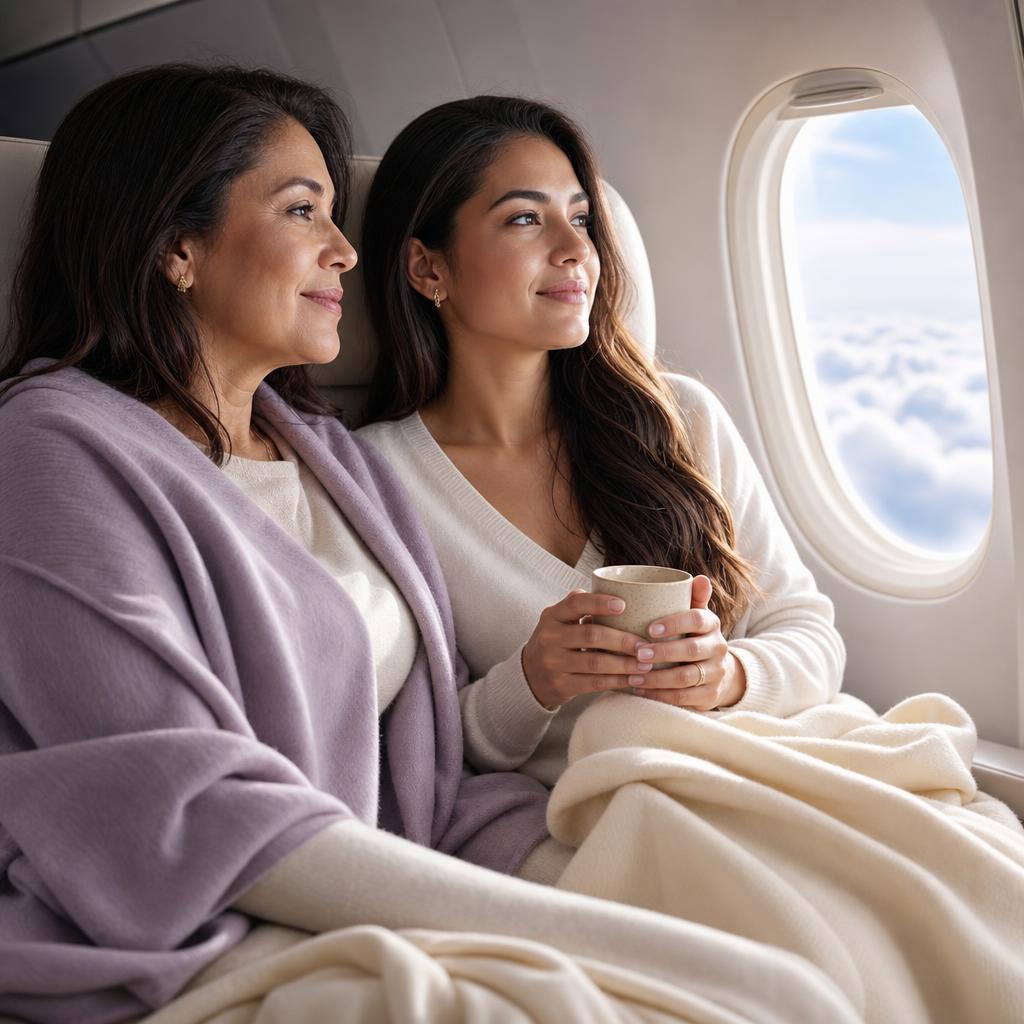 A Latina mother and adult daughter relaxed together beside a plane window, wrapped in a soft cashmere throw, one holding a warm ceramic cup