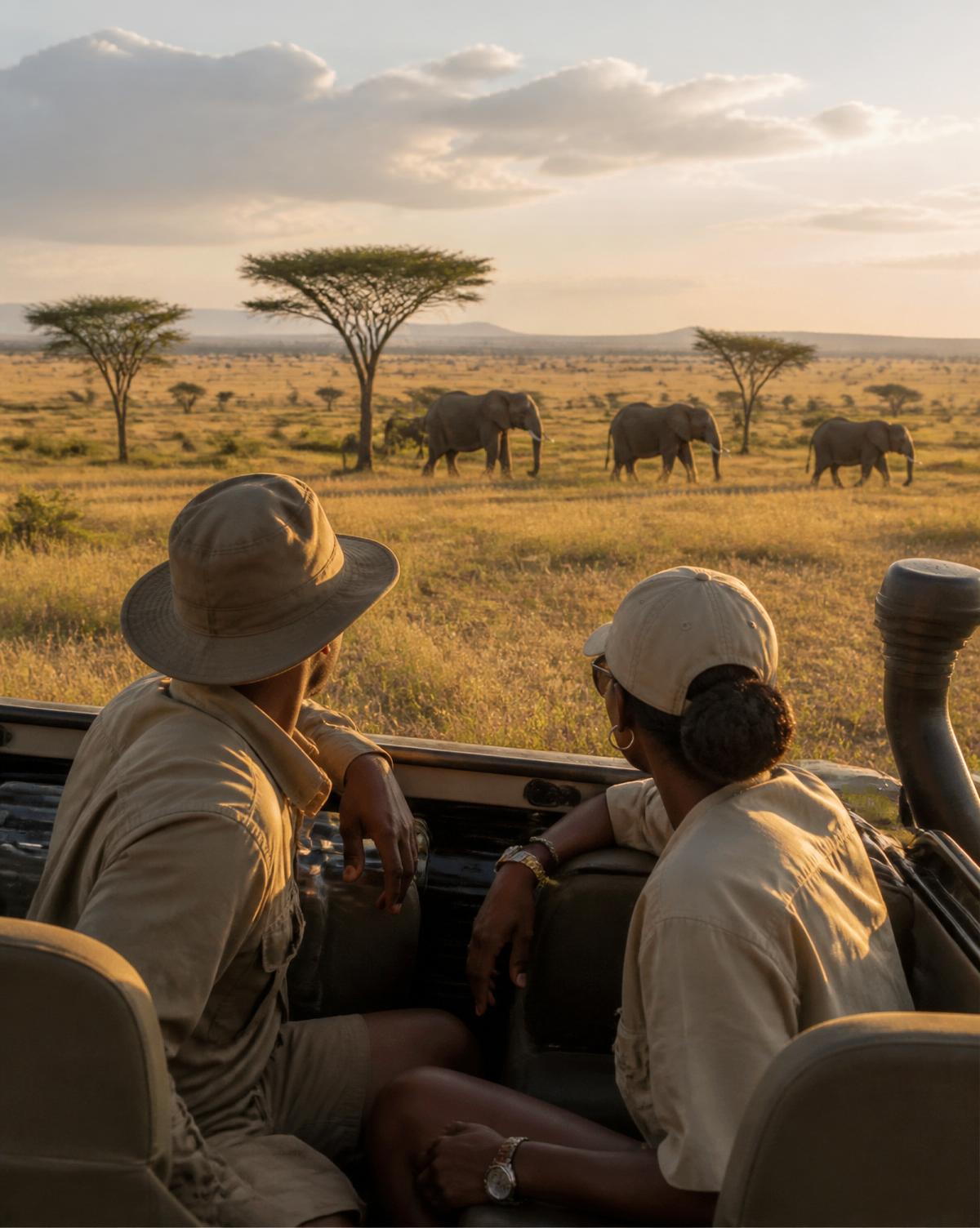 A Black couple on safari watching elephants at golden hour in the Serengeti